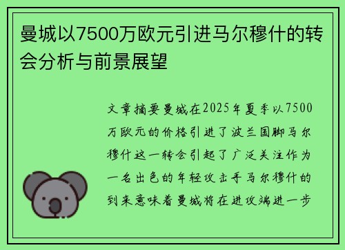 曼城以7500万欧元引进马尔穆什的转会分析与前景展望